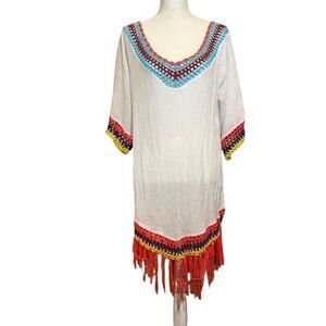 Cupshe Boho Fringe Beach Swim Cover Up White with Multi Crochet Size Large